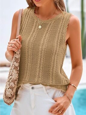 Kirundo Tan Crochet Knit Tank Top Size Small Sleeveless Boho Summer Capsule